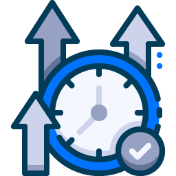 Graphic of clock with upward pointing arrows, symbolizing efficiency