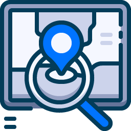 Graphic of magnifying glass looking at location marker on a screen