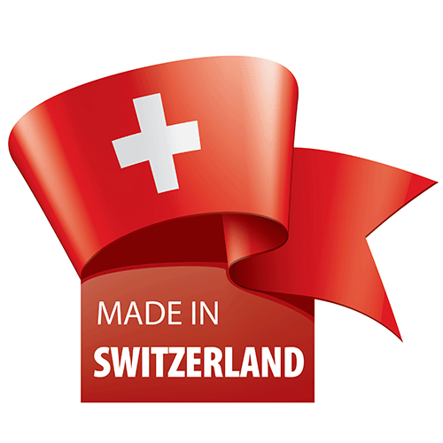 Made in Switzerland origin label with Swiss flag.