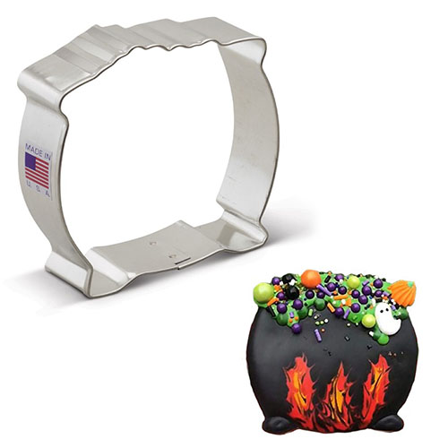 Metal cauldron-shaped cookie cutter with Made in USA sticker.