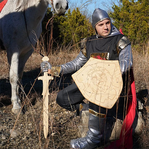 Kid dressed as knight with wooden sword and shield.