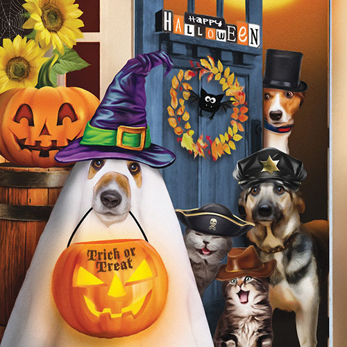 Puzzle of cats and dogs playing trick or treat.