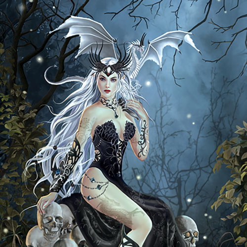 Puzzle of evil queen in black dress with white dragons.