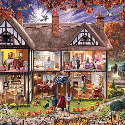 Puzzle of spooky cottage with trick or treaters.