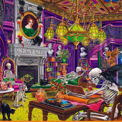 Puzzle of skeletons sitting in spooky Victorian dining hall.