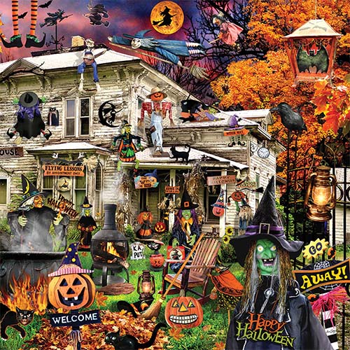 Puzzle of house and garden filled with witches.