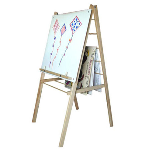 Wooden painting easel with drying rack on one side.