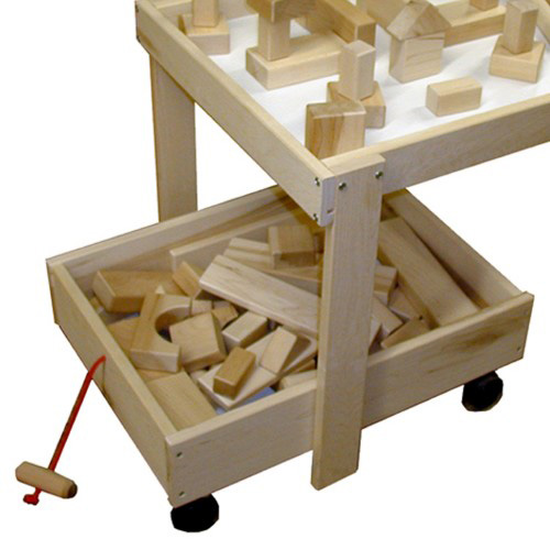 Wooden cart on wheels filled with wooden blocks.