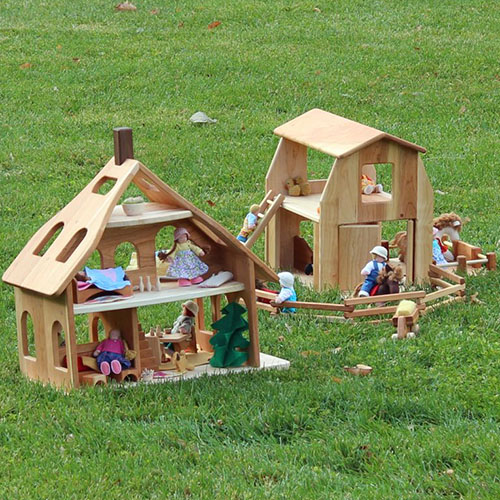 Wooden farmstead set for with kids toy dolls and accessories.