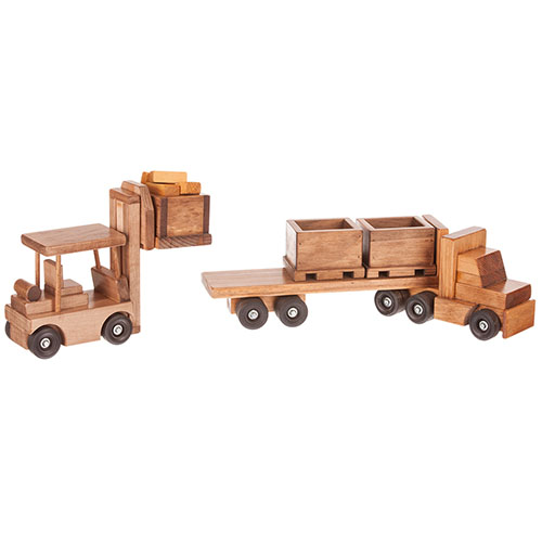 Wooden forklift and truck toys.