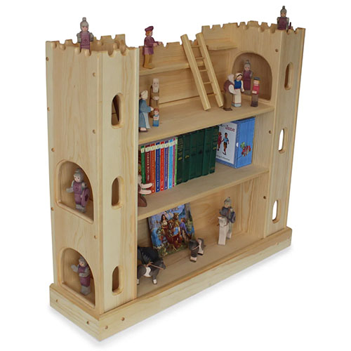 Wooden bookshelf in the shape of a castle play set.