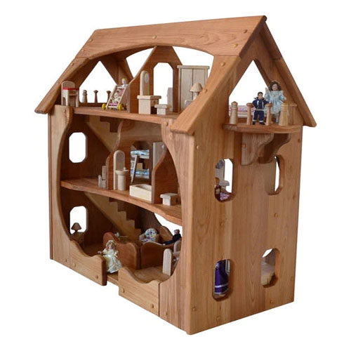 Wooden dollhouse with furniture and dolls.