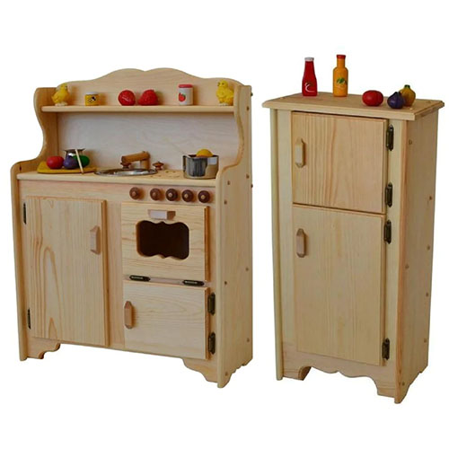 Wooden kitchen play set with oven, sink, stove and fridge.