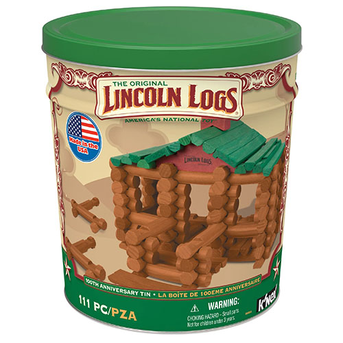 Tin of Lincoln Logs with a Made in USA label on it.