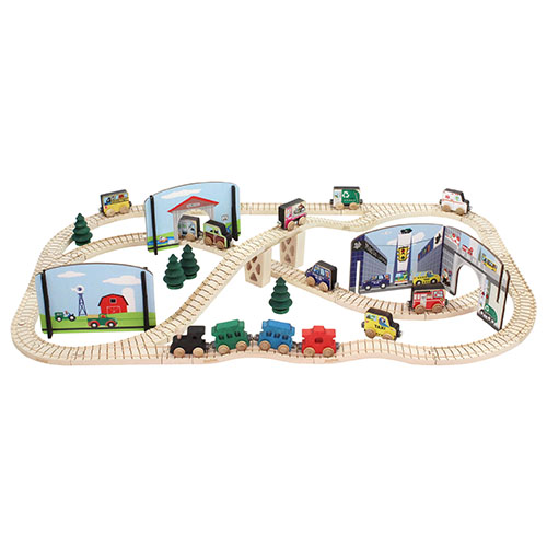 Modern wooden train track set with cars, trains and decorations.