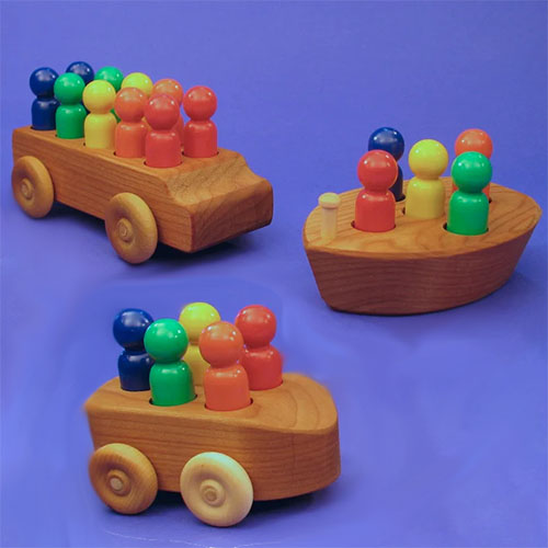 Wooden cars and boat toys with insertable colored figurines. 