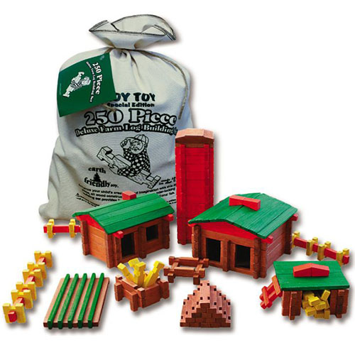 Wooden toy farm building set.