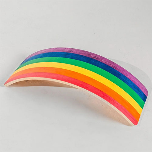 Wooden rainbow-colored wobble board.