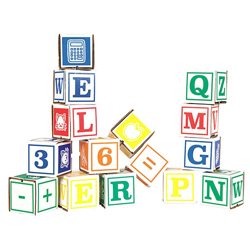 Square cardboard alphabet blocks.