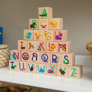 Wooden alphabet looks with colorful letters and animals.