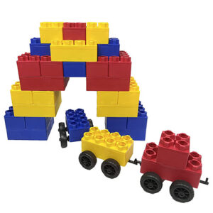 Train and tunnel made with big plastic building blocks.