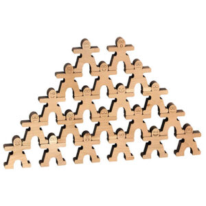 Small wooden figures stacked in a pyramid shape.