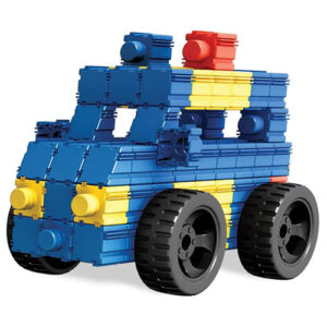 Police car made from plastic building blocks. 