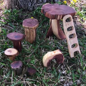 Fairy mushroom steps made from wooden building blocks.