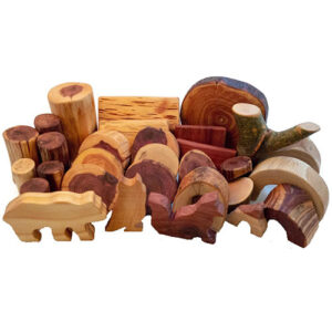 Set of wooden building blocks and animal figurines.