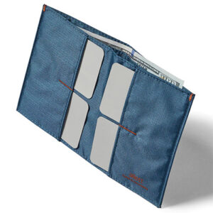 Blue nylon Allett wallet with 4 card slots.