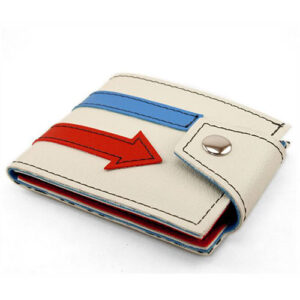 White vinyl snap wallet by Couch decorated with red and blue arrows.