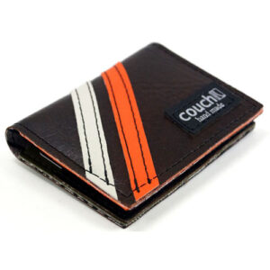 Black vinyl bifold wallet by Couch with white and orange detailing.