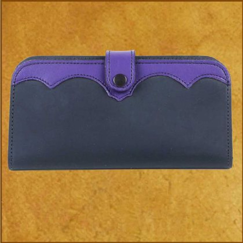 Black leather women's clutch wallet with purple border by Ace Leather Goods.