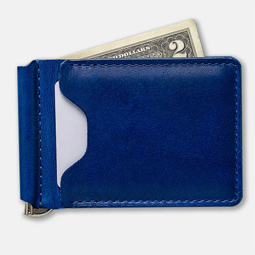 Blue leather money clip with 2 card slots by Ashland.