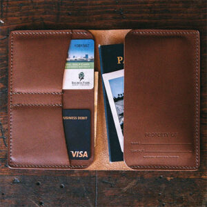 Brown leather passport wallet with 2 additional card slots by Bradley Mountain.
