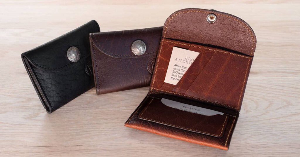 Small brown and black leather snap wallets from Buffalo Billfold.