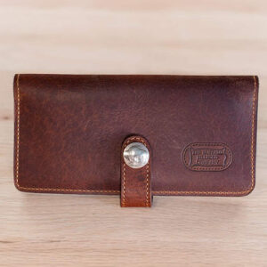 Brown leather women's wallet with snap closure from Buffalo Billfold.