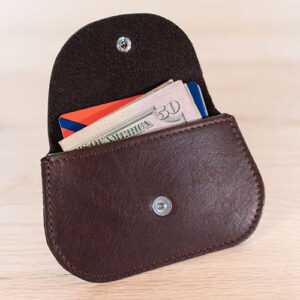Dark brown leather pouch wallet with snap closure from Buffalo Billfold.