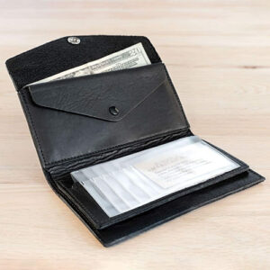 Black leather clutch wallet with card insert, 2 cash slots and 1 envelope pocket from Buffalo Billfold.