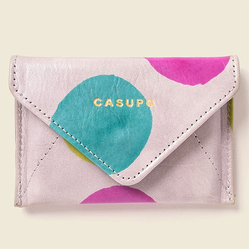 Soft pink leather envelope snap wallet with polka dots by Casupo.
