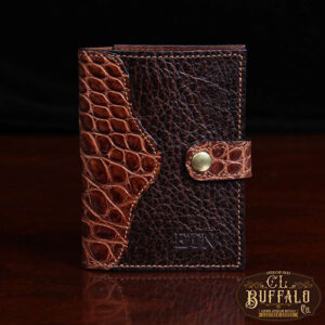 Dark American buffalo leather wallet with alligator leather snap closure and accents from Colonel Littleton.