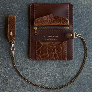 Brown bison leather chain wallet by Coronado with several slots, a coin pouch and zipper pocket.
