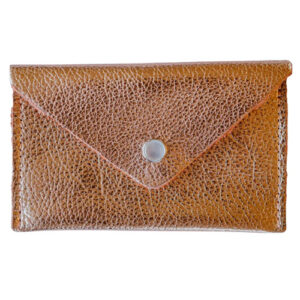 Women's card case made from recycled, rose-gold leather with snap closure by Crystalyn Kae.