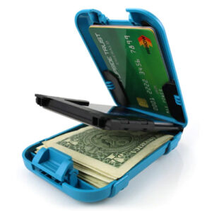 Blue Flipside Wallet showing 3 card slots with multiple cards and 1 cash slot.