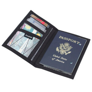 RFID passport wallet made from recycled polyester with 3 additional card slots by Flowfold.