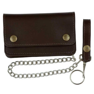 Brown leather clutch wallet with chain by Fox Creek.