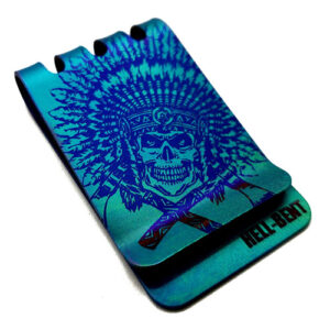 Green titanium money clip with native American skull engraving by Hell-Bent.