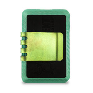 Minimalist aluminum wallet with green border and green titanium money clip by Hell-Bent.