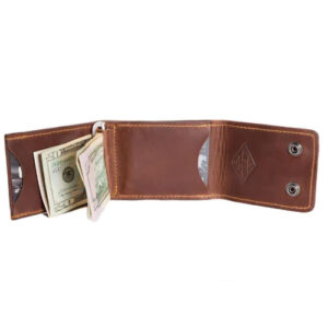 Brown leather trifold wallet with money clip, 2 card slots and snap closure by Lifetime Leather.