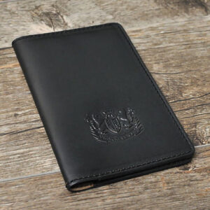Black passport wallet embossed with Mitchell  Leather seal.